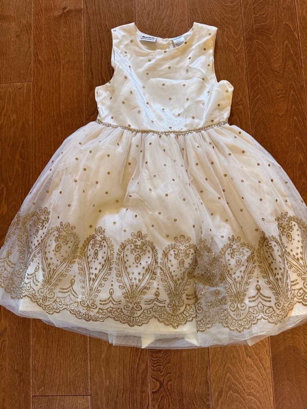 Blueberi Boulevard Ivory and Gold Embroidered Tulle Formal Dress